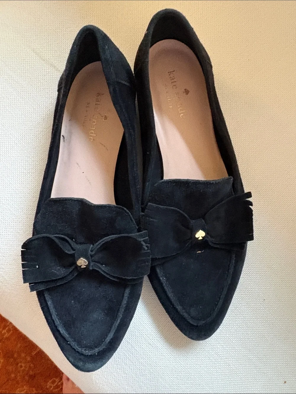 kate spade Black Suede Bow Loafers with Gold Spade Charm